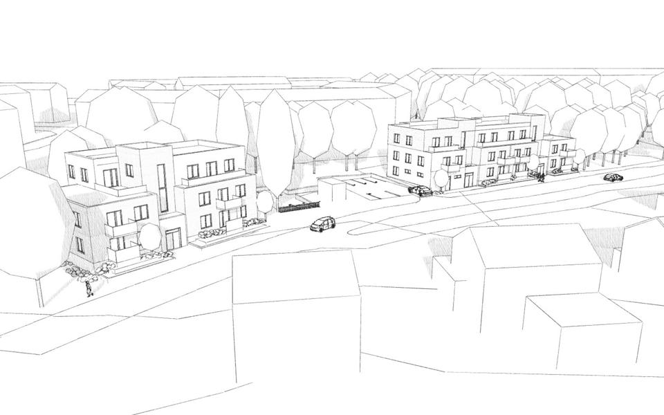 Flerbostadshus utmed Sågverksgatan. Svartvit llustration